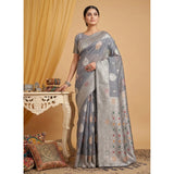 { "alt_text": "Grey linen cotton printed saree with unstitched blouse, 5.5Mtr, ethnic wear, Indian traditional clothing" }