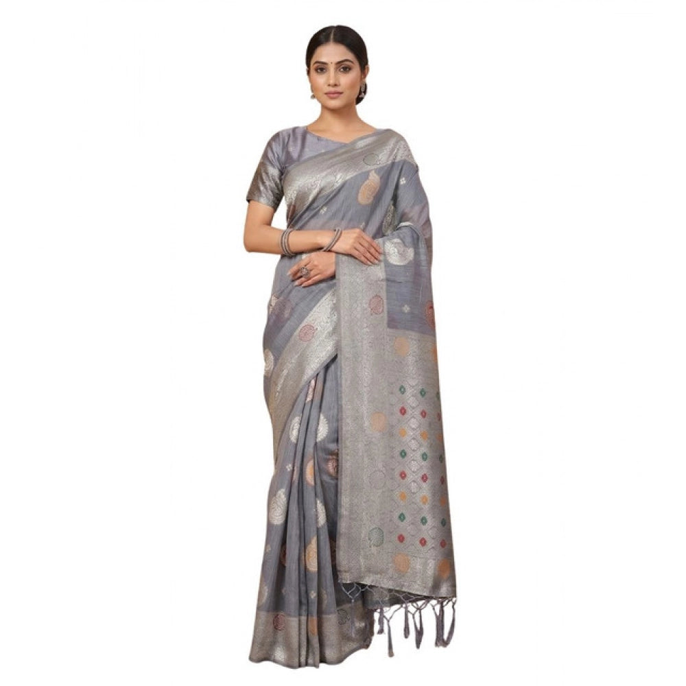 { "alt_text": "Grey linen cotton printed saree with unstitched blouse, 5.5Mtr, ethnic wear, Indian traditional clothing" }