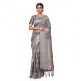 { "alt_text": "Grey linen cotton printed saree with unstitched blouse, 5.5Mtr, ethnic wear, Indian traditional clothing" }
