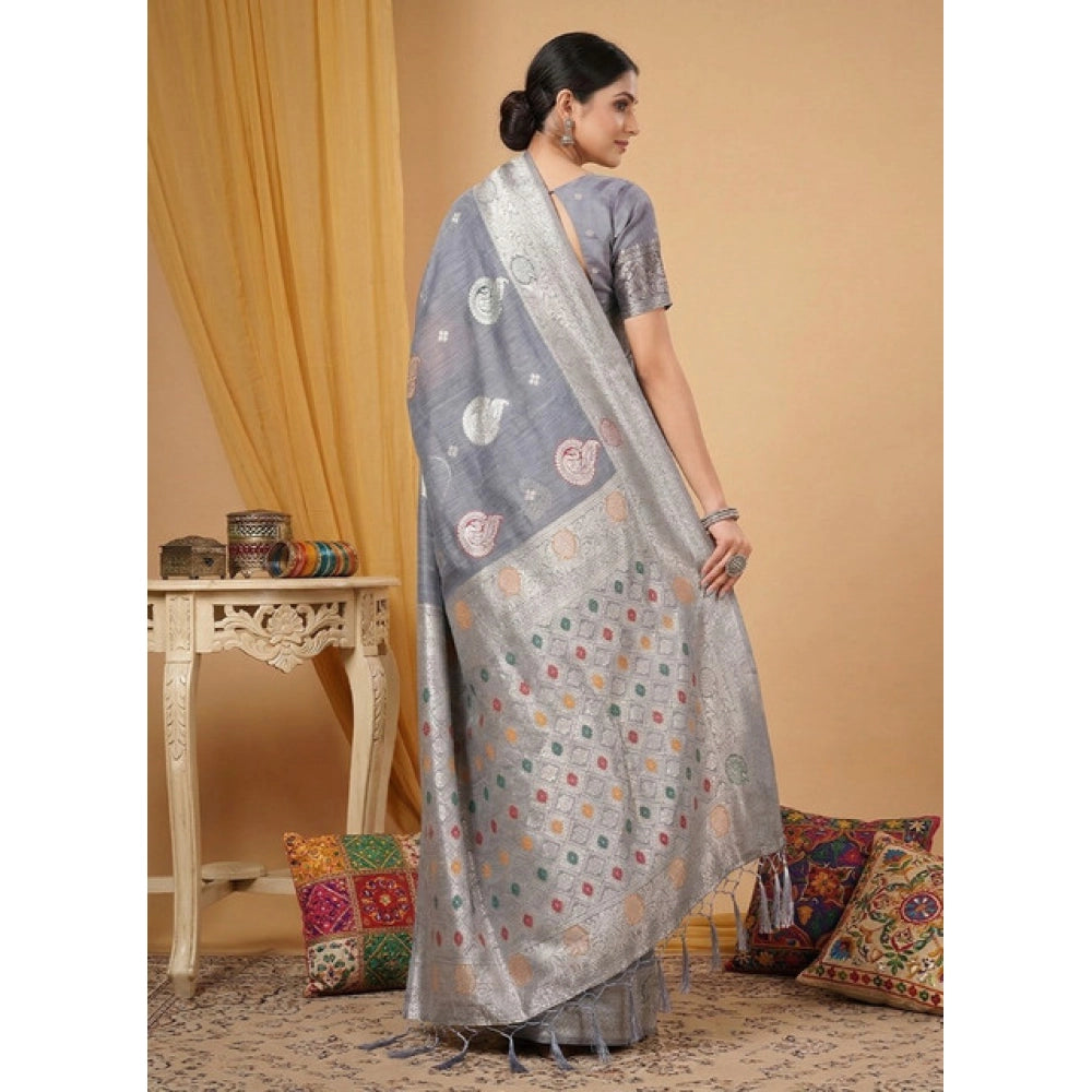 { "alt_text": "Grey linen cotton printed saree with unstitched blouse, 5.5Mtr, ethnic wear, Indian traditional clothing" }