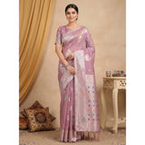 { "alt_text": "Purple linen cotton printed saree with unstitched blouse, 5.5Mtr, ethnic wear for women" }