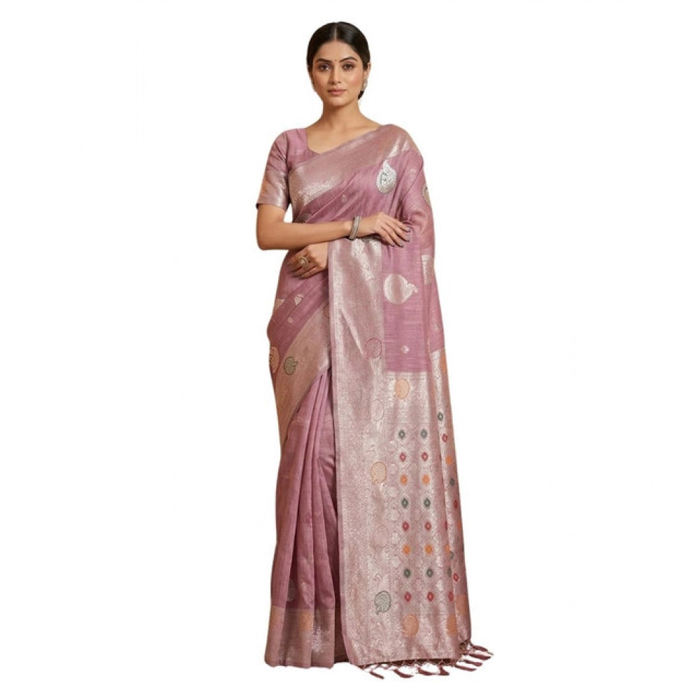 { "alt_text": "Purple linen cotton printed saree with unstitched blouse, 5.5Mtr, ethnic wear for women" }