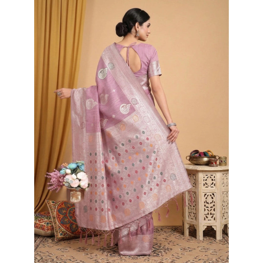 { "alt_text": "Purple linen cotton printed saree with unstitched blouse, 5.5Mtr, ethnic wear for women" }