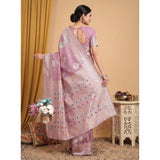 { "alt_text": "Purple linen cotton printed saree with unstitched blouse, 5.5Mtr, ethnic wear for women" }