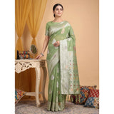 { "alt_text": "Light green linen cotton printed saree with unstitched blouse, 5.5m, ethnic wear fabric" }