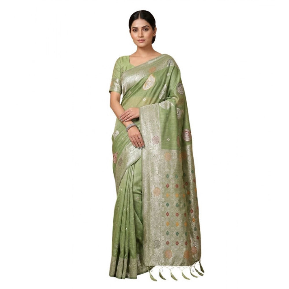 { "alt_text": "Light green linen cotton printed saree with unstitched blouse, 5.5m, ethnic wear fabric" }