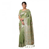 { "alt_text": "Light green linen cotton printed saree with unstitched blouse, 5.5m, ethnic wear fabric" }