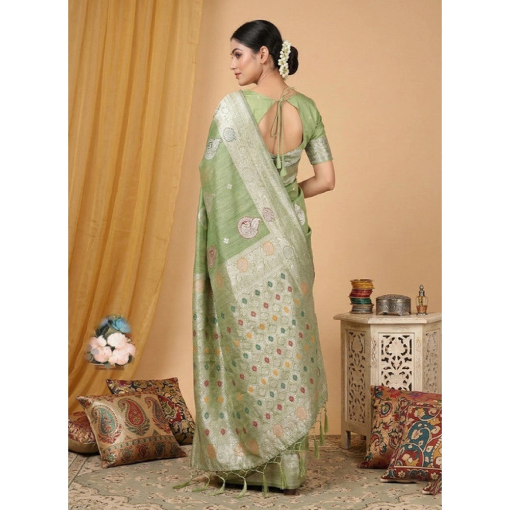 { "alt_text": "Light green linen cotton printed saree with unstitched blouse, 5.5m, ethnic wear fabric" }