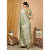 { "alt_text": "Light green linen cotton printed saree with unstitched blouse, 5.5m, ethnic wear fabric" }