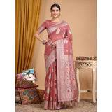 { "alt_text": "Pink linen cotton saree with printed design, 5.5Mtr unstitched blouse, ethnic wear for women" }