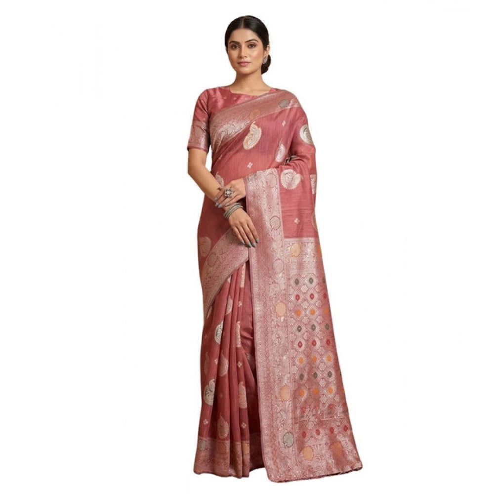 { "alt_text": "Pink linen cotton saree with printed design, 5.5Mtr unstitched blouse, ethnic wear for women" }