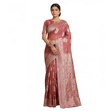 { "alt_text": "Pink linen cotton saree with printed design, 5.5Mtr unstitched blouse, ethnic wear for women" }