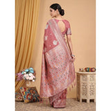 { "alt_text": "Pink linen cotton saree with printed design, 5.5Mtr unstitched blouse, ethnic wear for women" }