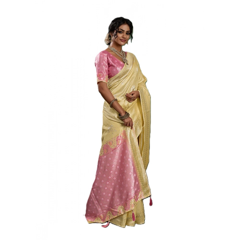 { "alt_text": "Yellow linen cotton printed saree with unstitched blouse, 5.5Mtr, ethnic wear fashion" }