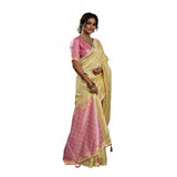 { "alt_text": "Yellow linen cotton printed saree with unstitched blouse, 5.5Mtr, ethnic wear fashion" }
