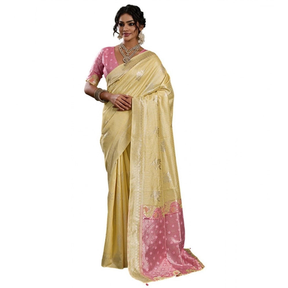 { "alt_text": "Yellow linen cotton printed saree with unstitched blouse, 5.5Mtr, ethnic wear, Indian traditional clothing" }