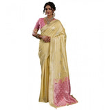 { "alt_text": "Yellow linen cotton printed saree with unstitched blouse, 5.5Mtr, ethnic wear, Indian traditional clothing" }