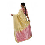 { "alt_text": "Yellow linen cotton printed saree with unstitched blouse, 5.5Mtr, ethnic wear, Indian traditional clothing" }
