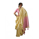 { "alt_text": "Yellow linen cotton printed saree with unstitched blouse, 5.5Mtr, ethnic wear, Indian traditional clothing" }