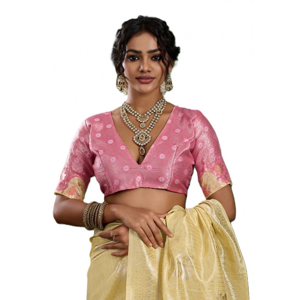 { "alt_text": "Yellow linen cotton printed saree with unstitched blouse, 5.5Mtr, ethnic wear, Indian traditional clothing" }