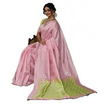 { "alt_text": "Pink linen cotton saree with printed design, 5.5Mtr unstitched blouse, ethnic wear for women" }