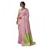 { "alt_text": "Pink linen cotton saree with printed design, 5.5Mtr unstitched blouse, ethnic wear for women" }