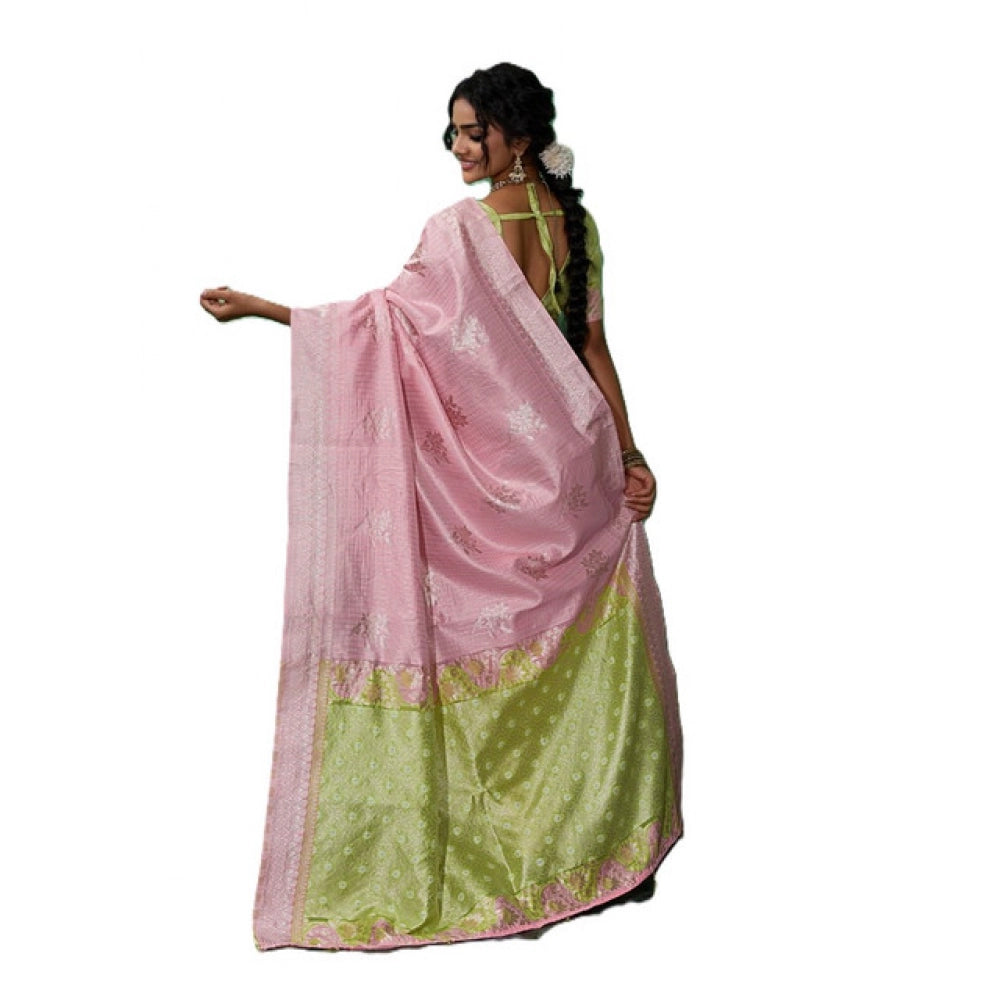 { "alt_text": "Pink linen cotton printed saree with unstitched blouse, 5.5Mtr, ethnic wear for women" }
