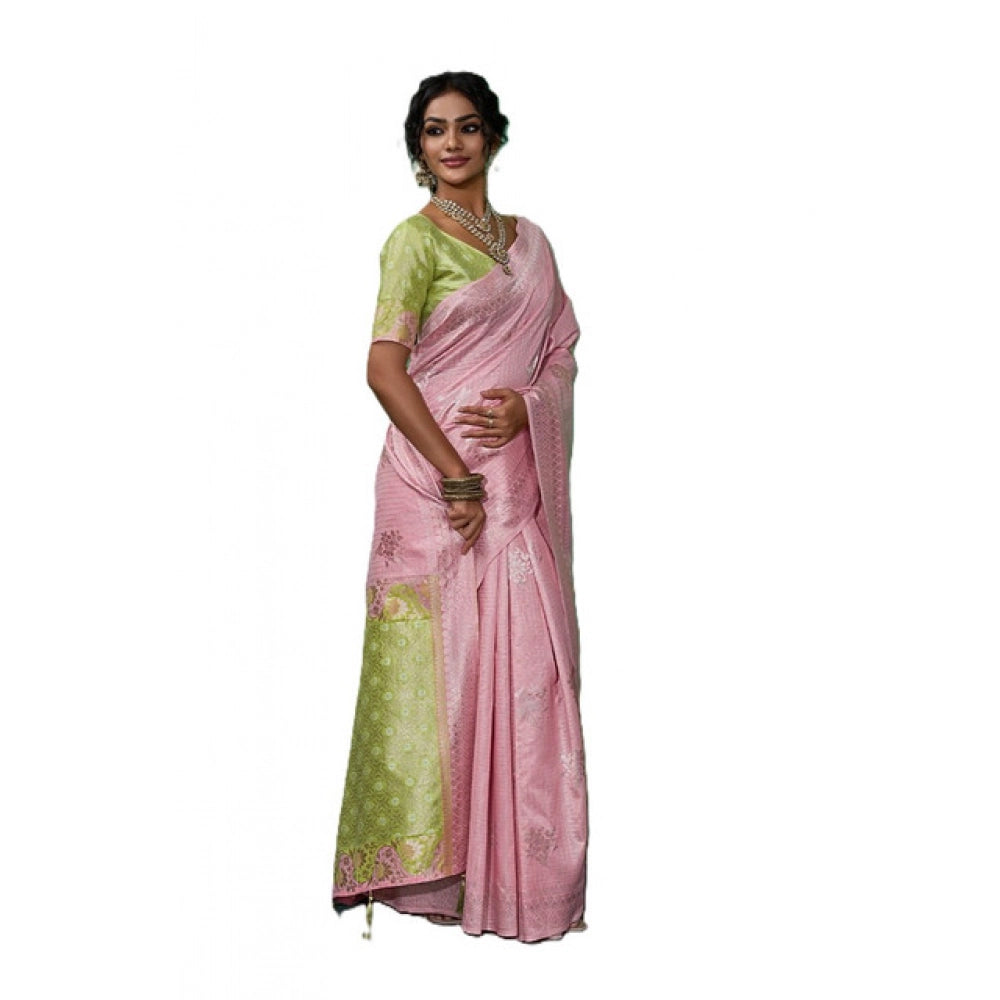 { "alt_text": "Pink linen cotton saree with printed design, 5.5Mtr unstitched blouse, ethnic wear for women" }