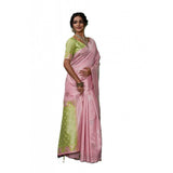 { "alt_text": "Pink linen cotton saree with printed design, 5.5Mtr unstitched blouse, ethnic wear for women" }