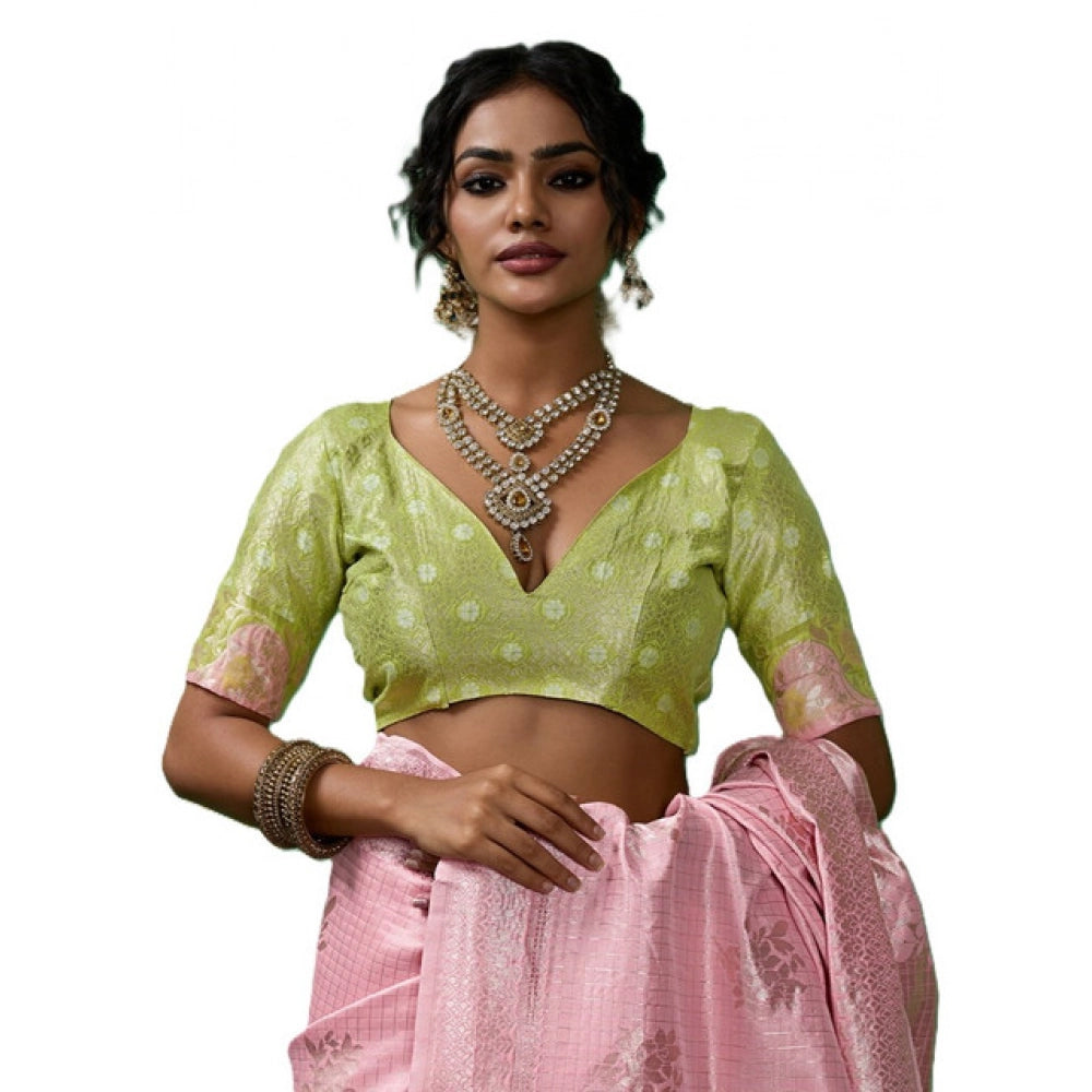 { "alt_text": "Pink linen cotton saree with printed design, 5.5Mtr unstitched blouse, ethnic wear for women" }