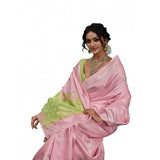 { "alt_text": "Pink linen cotton saree with printed design, 5.5Mtr unstitched blouse, ethnic wear for women" }