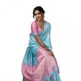 { "alt_text": "Sky blue linen cotton printed saree with unstitched blouse, 5.5m, ethnic wear, Indian traditional clothing" }