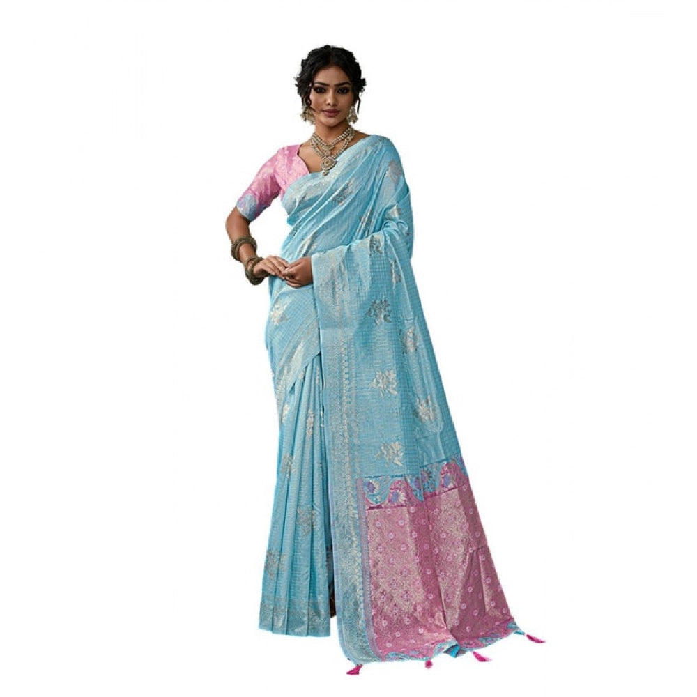 { "alt_text": "Sky blue linen cotton printed saree with unstitched blouse, 5.5m, ethnic wear, Indian traditional clothing" }