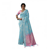 { "alt_text": "Sky blue linen cotton printed saree with unstitched blouse, 5.5m, ethnic wear, Indian traditional clothing" }