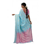 { "alt_text": "Sky blue linen cotton printed saree with unstitched blouse, 5.5m, ethnic wear, Indian traditional clothing" }
