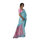 { "alt_text": "Sky blue linen cotton printed saree with unstitched blouse, 5.5m, ethnic wear, Indian traditional clothing" }