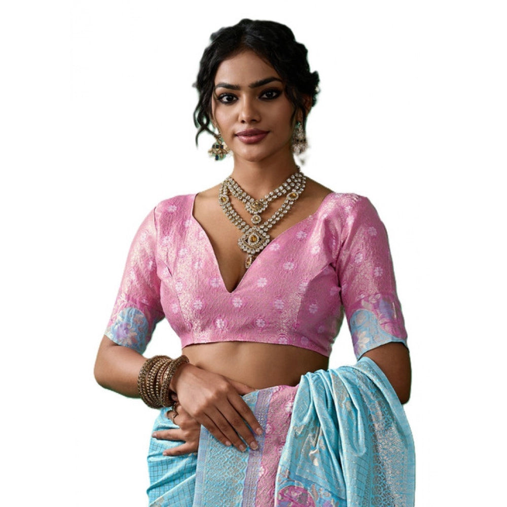 { "alt_text": "Sky blue linen cotton printed saree with unstitched blouse, 5.5m, ethnic wear, Indian traditional clothing" }