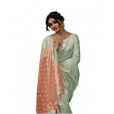 { "alt_text": "Pista green linen cotton printed saree with unstitched blouse, 5.5mtr ethnic wear, Indian traditional clothing" }