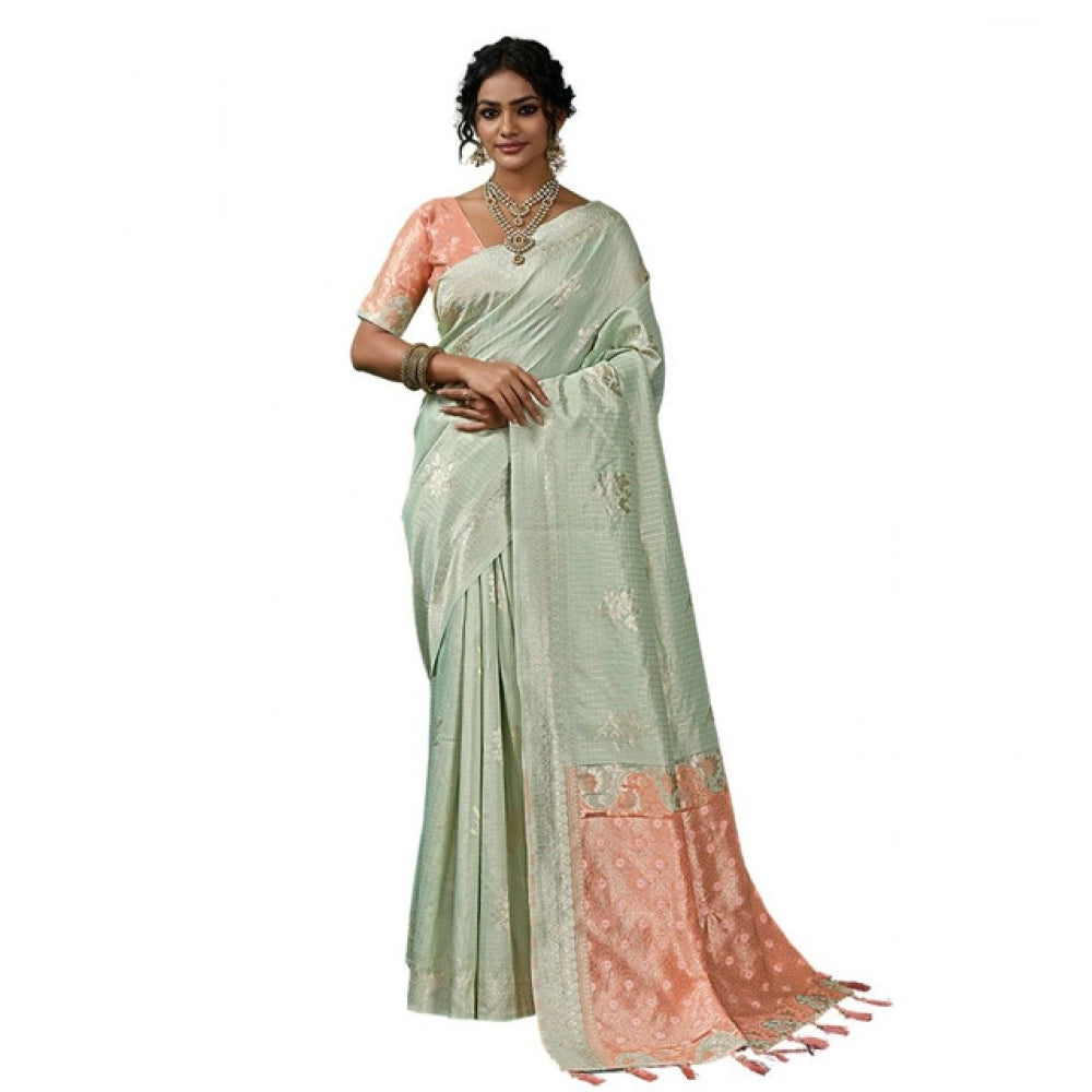 { "alt_text": "Pista green linen cotton printed saree with unstitched blouse, 5.5mtr ethnic wear, Indian traditional clothing" }
