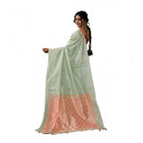 { "alt_text": "Pista green linen cotton printed saree with unstitched blouse, 5.5mtr ethnic wear, Indian traditional clothing" }