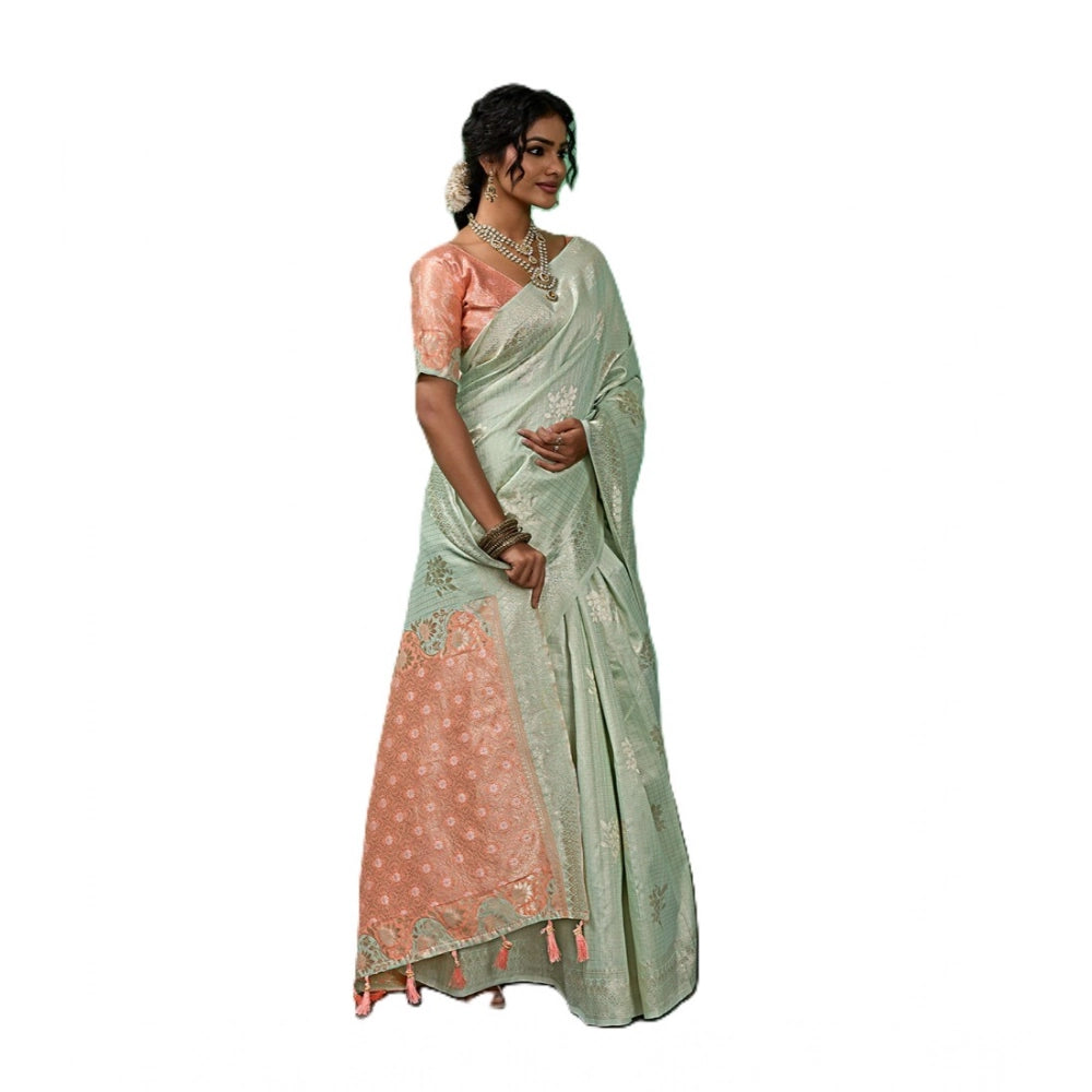 { "alt_text": "Pista green linen cotton printed saree with unstitched blouse, 5.5m, ethnic wear, Indian traditional clothing" }