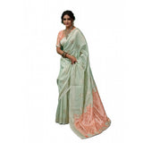 { "alt_text": "Pista green linen cotton printed saree with unstitched blouse, 5.5mtr ethnic wear, Indian traditional clothing" }
