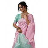 { "alt_text": "Pastel pink linen cotton printed saree with unstitched blouse, 5.5m, ethnic wear, Indian traditional clothing" }