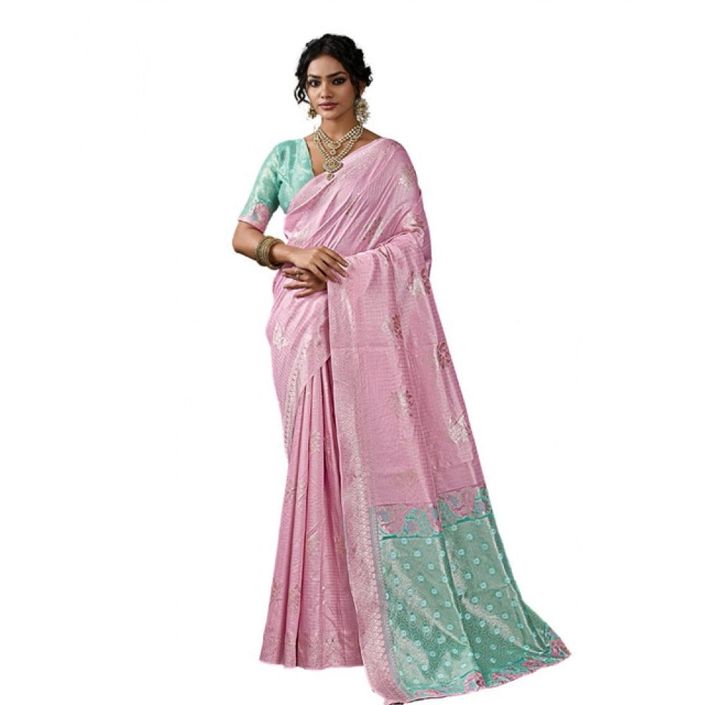 { "alt_text": "Pastel pink linen cotton printed saree with unstitched blouse, 5.5m, ethnic wear, Indian traditional clothing" }