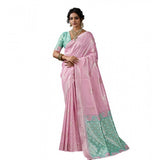 { "alt_text": "Pastel pink linen cotton printed saree with unstitched blouse, 5.5m, ethnic wear, Indian traditional clothing" }