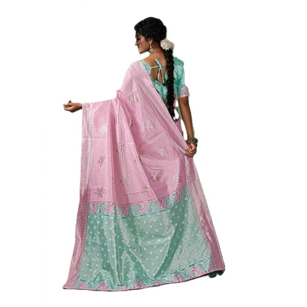 { "alt_text": "Pastel pink linen cotton printed saree with unstitched blouse, 5.5m, ethnic wear, Indian traditional clothing" }