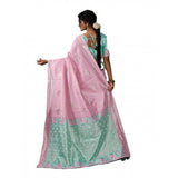 { "alt_text": "Pastel pink linen cotton printed saree with unstitched blouse, 5.5m, ethnic wear, Indian traditional clothing" }