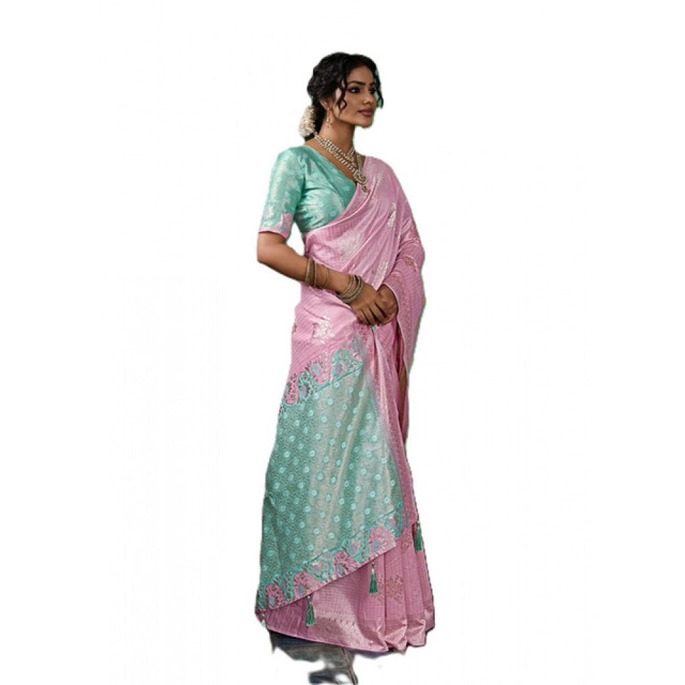 { "alt_text": "Pastel pink linen cotton printed saree with unstitched blouse, 5.5m, ethnic wear, Indian traditional clothing" }