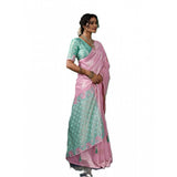 { "alt_text": "Pastel pink linen cotton printed saree with unstitched blouse, 5.5m, ethnic wear, Indian traditional clothing" }
