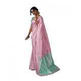 { "alt_text": "Pastel pink linen cotton printed saree with unstitched blouse, 5.5m, ethnic wear, Indian traditional clothing" }